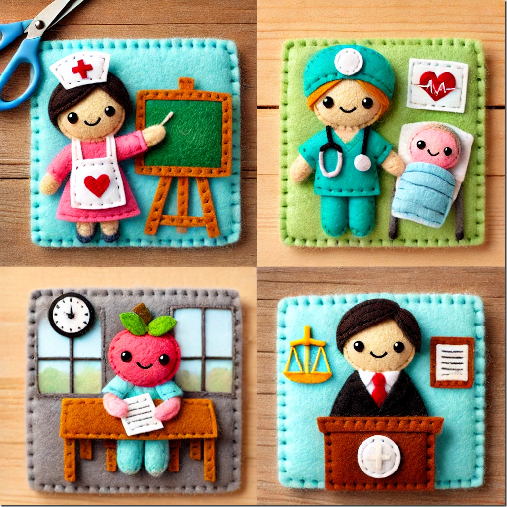 DALL·E 2024-12-26 16.30.36 - A felt-crafted collage showing a plush teacher at a tiny whiteboard, a plush nurse in scrubs assisting a plush patient, and a plush lawyer in a courtr