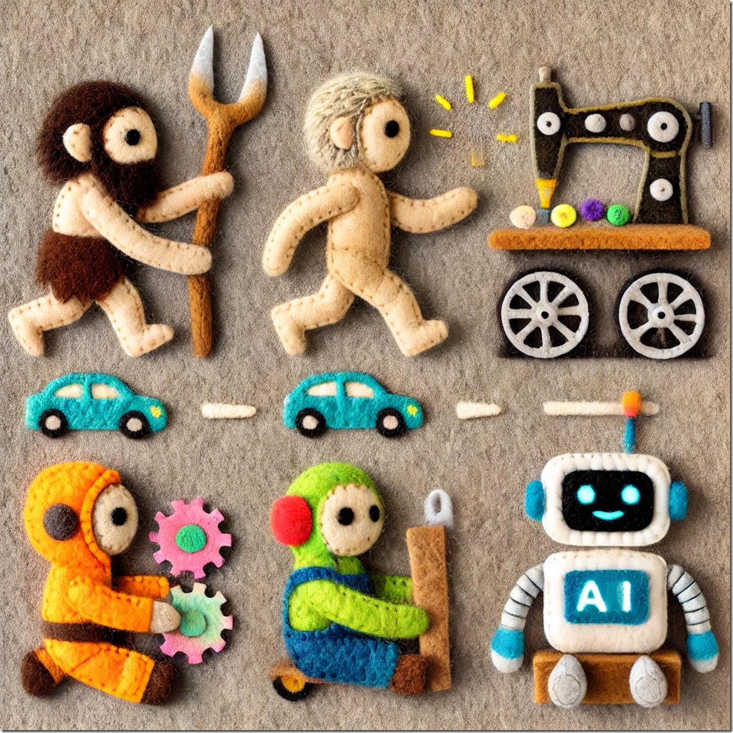 DALL·E 2024-12-26 16.30.53 - A felt-crafted image symbolizing humanity's adaptability. It features plush characters evolving through time_ one using a primitive tool, another work