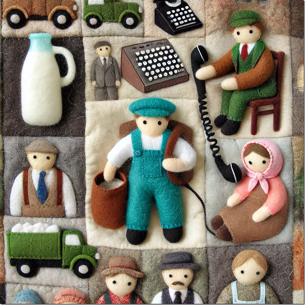 DALL·E 2024-12-26 16.38.53 - A felt-crafted collage showing jobs that have disappeared, featuring plush characters as a milkman delivering bottles, a switchboard operator connecti