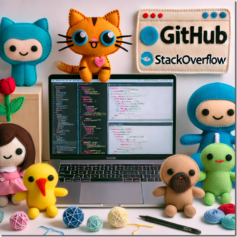 DALL·E 2024-12-31 20.37.18 - A hand-sewn plush-style illustration of a developer desk with plush toy-like characters, a laptop displaying code snippets, and felt versions of GitHu