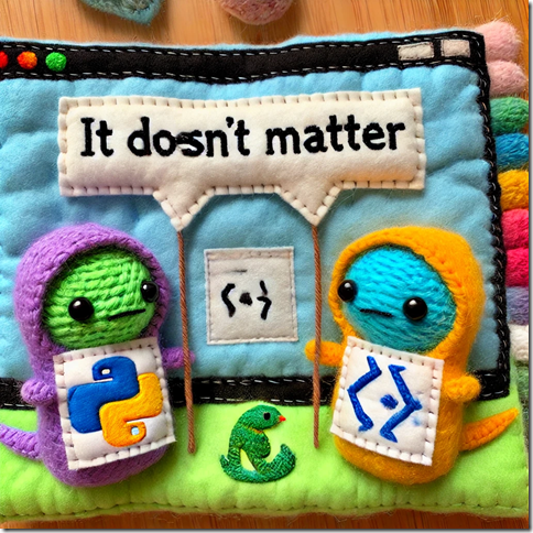 DALL·E 2025-01-01 18.08.42 - A hand-sewn aesthetic image depicting a debate between two plush toy characters. One holds a stitched banner with a snake to represent Python, and the