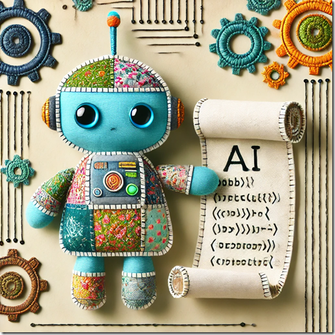 DALL·E 2025-01-01 18.26.34 - A hand-sewn aesthetic image showing a plush robot symbolizing AI, holding a stitched scroll of code. The robot has a friendly and whimsical design wit